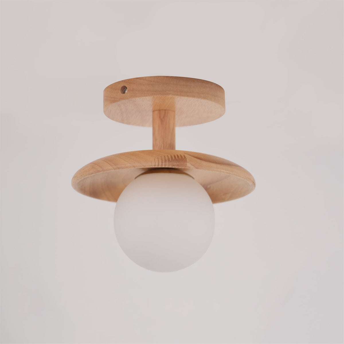 Flush Mount Ceiling Light Fixture with Natural Wood Base & Frosted Glass Shade for Hallways Bedrooms Living Rooms | Modern Farmhouse Style L