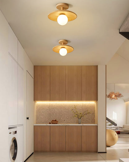 Flush Mount Ceiling Light Fixture with Natural Wood Base & Frosted Glass Shade for Hallways Bedrooms Living Rooms | Modern Farmhouse Style L