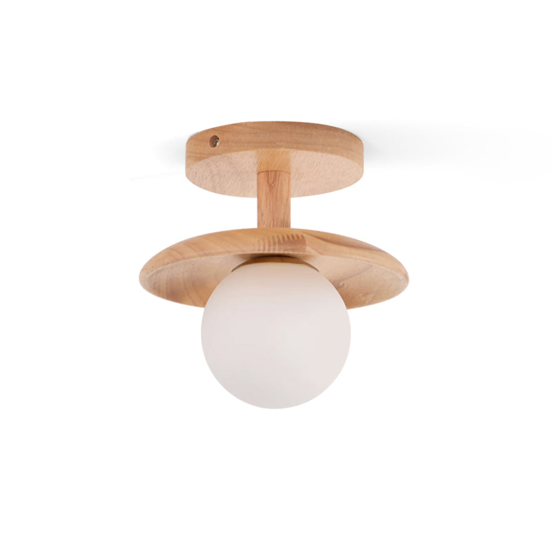 Flush Mount Ceiling Light Fixture with Natural Wood Base & Frosted Glass Shade for Hallways Bedrooms Living Rooms | Modern Farmhouse Style L
