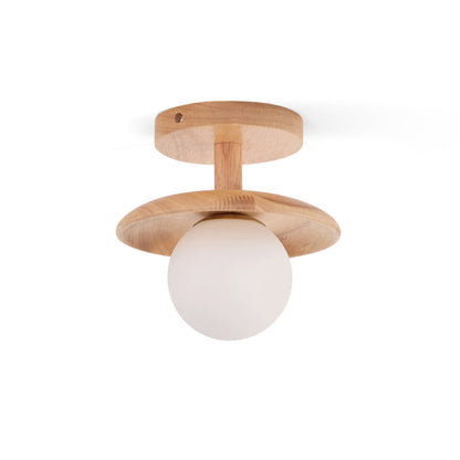 Flush Mount Ceiling Light Fixture with Natural Wood Base & Frosted Glass Shade for Hallways Bedrooms Living Rooms | Modern Farmhouse Style L