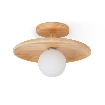 Flush Mount Ceiling Light Fixture with Natural Wood Base & Frosted Glass Shade for Hallways Bedrooms Living Rooms | Modern Farmhouse Style L