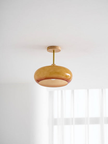 Glass Disc Overhead Fixture Wood Accent 11-Inch Warm Ambient Lighting for Dining Areas Entryways Bedrooms Mid-Century Modern Scandinavian St