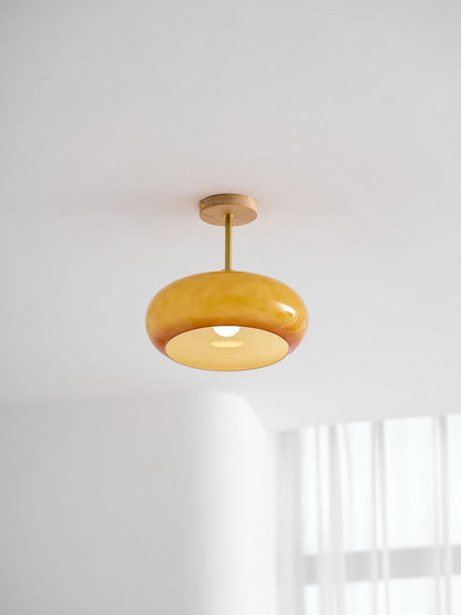 Glass Disc Overhead Fixture Wood Accent 11-Inch Warm Ambient Lighting for Dining Areas Entryways Bedrooms Mid-Century Modern Scandinavian St