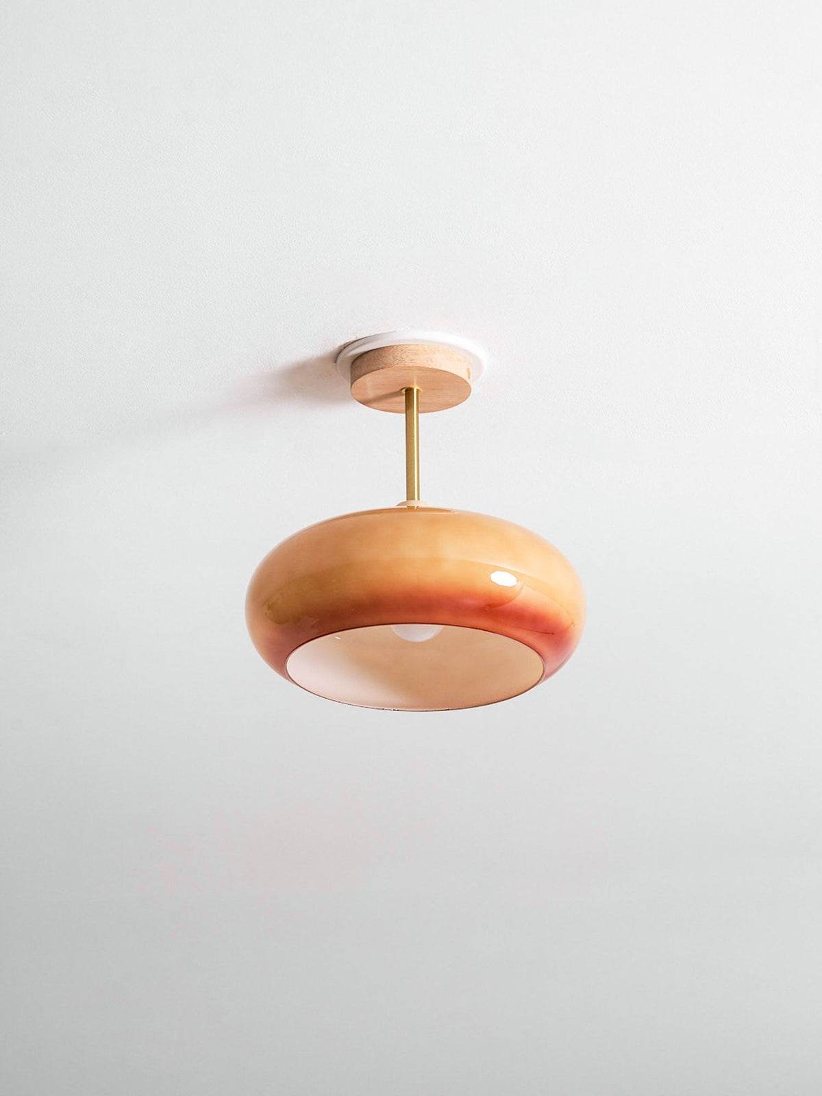 Glass Disc Overhead Fixture Wood Accent 11-Inch Warm Ambient Lighting for Dining Areas Entryways Bedrooms Mid-Century Modern Scandinavian St