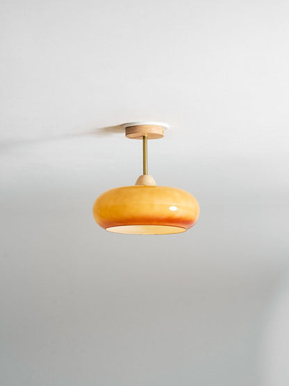 Glass Disc Overhead Fixture Wood Accent 11-Inch Warm Ambient Lighting for Dining Areas Entryways Bedrooms Mid-Century Modern Scandinavian St