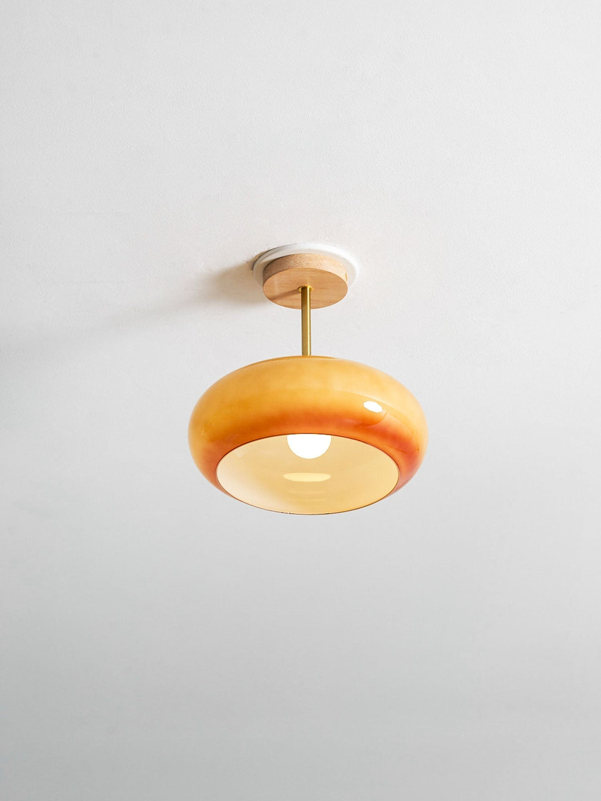 Glass Disc Overhead Fixture Wood Accent 11-Inch Warm Ambient Lighting for Dining Areas Entryways Bedrooms Mid-Century Modern Scandinavian St