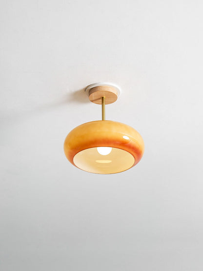 Glass Disc Overhead Fixture Wood Accent 11-Inch Warm Ambient Lighting for Dining Areas Entryways Bedrooms Mid-Century Modern Scandinavian St