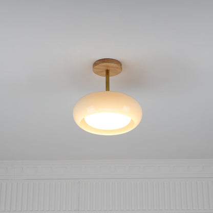 Glass Disc Overhead Fixture Wood Accent 11-Inch Warm Ambient Lighting for Dining Areas Entryways Bedrooms Mid-Century Modern Scandinavian St
