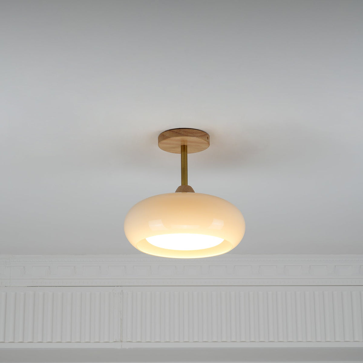 Glass Disc Overhead Fixture Wood Accent 11-Inch Warm Ambient Lighting for Dining Areas Entryways Bedrooms Mid-Century Modern Scandinavian St