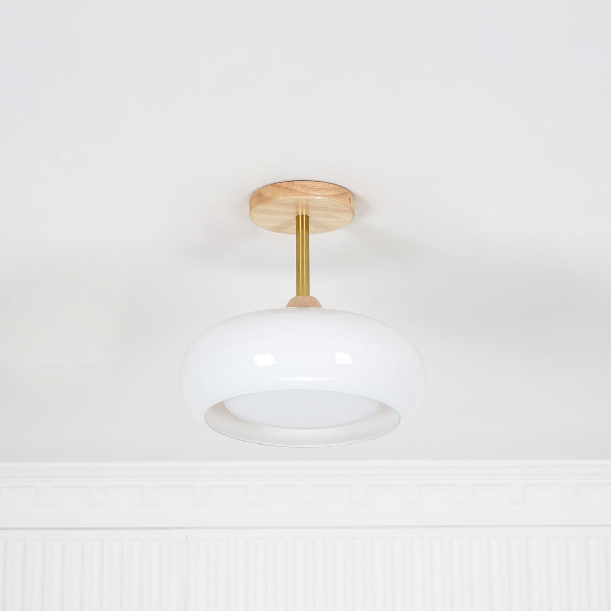 Glass Disc Overhead Fixture Wood Accent 11-Inch Warm Ambient Lighting for Dining Areas Entryways Bedrooms Mid-Century Modern Scandinavian St