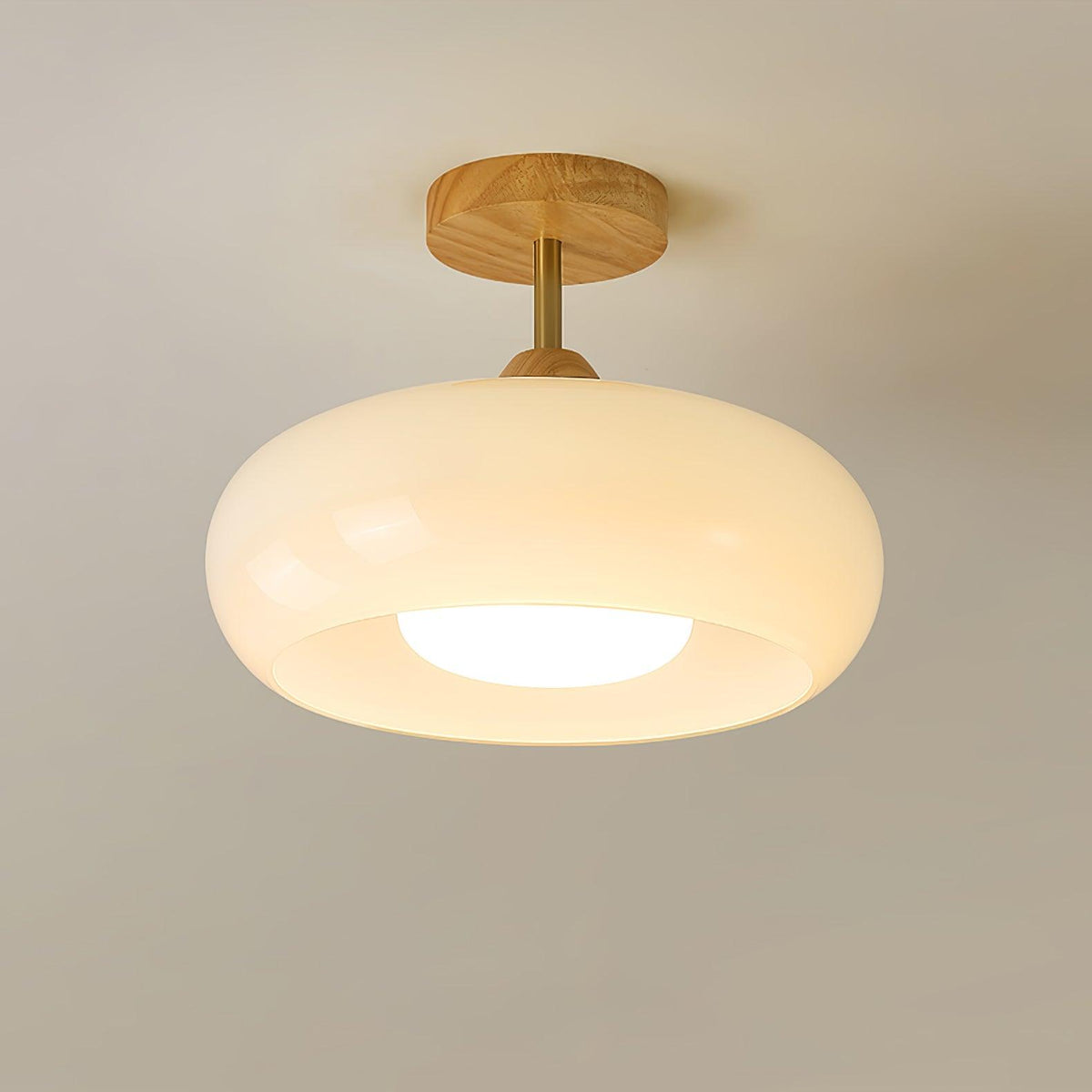 Glass Disc Overhead Fixture Wood Accent 11-Inch Warm Ambient Lighting for Dining Areas Entryways Bedrooms Mid-Century Modern Scandinavian St