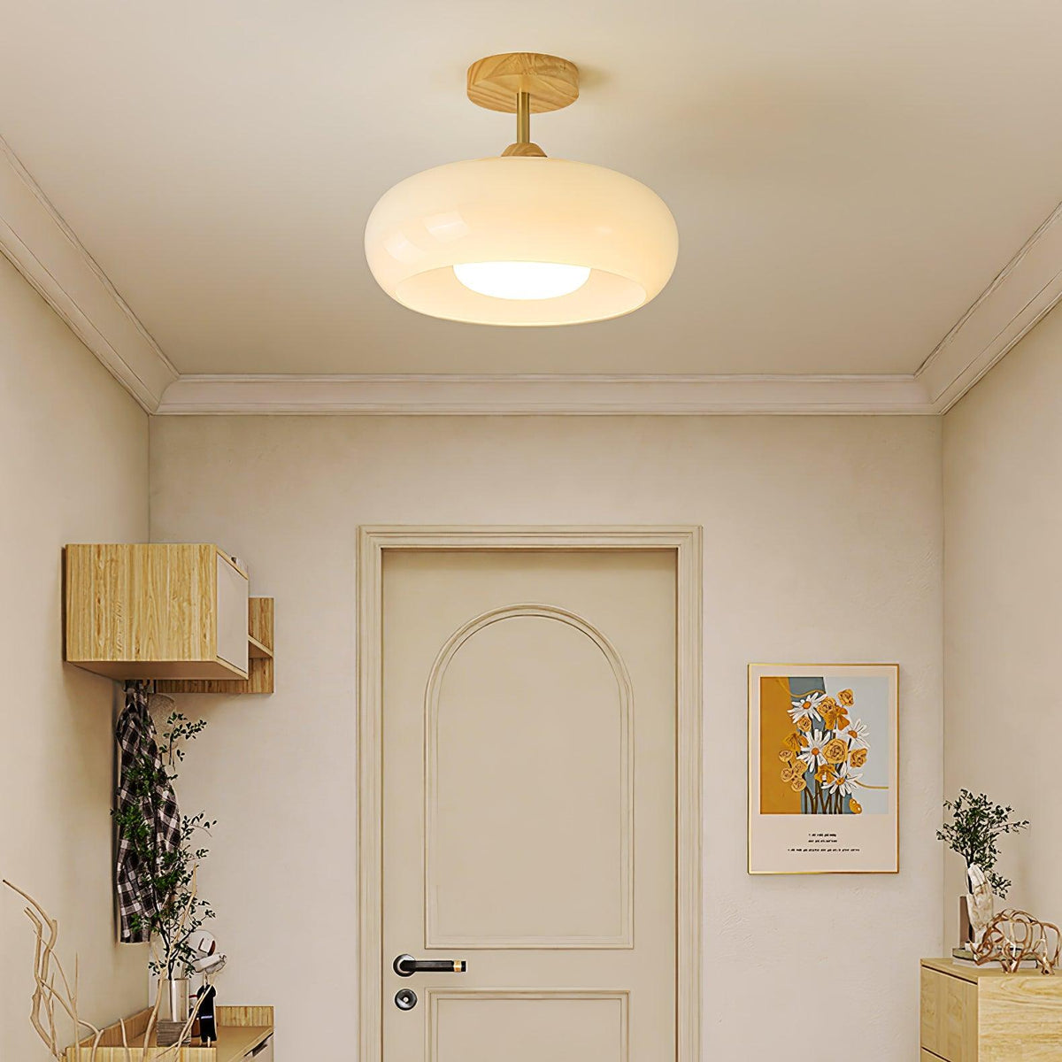 Glass Disc Overhead Fixture Wood Accent 11-Inch Warm Ambient Lighting for Dining Areas Entryways Bedrooms Mid-Century Modern Scandinavian St