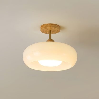 Flush Mount Ceiling Light Fixture Wood & Glass 11 Inch Round for Bedroom Bathroom Dining Room E26 Base Hardwired Indoor Ambient Lighting