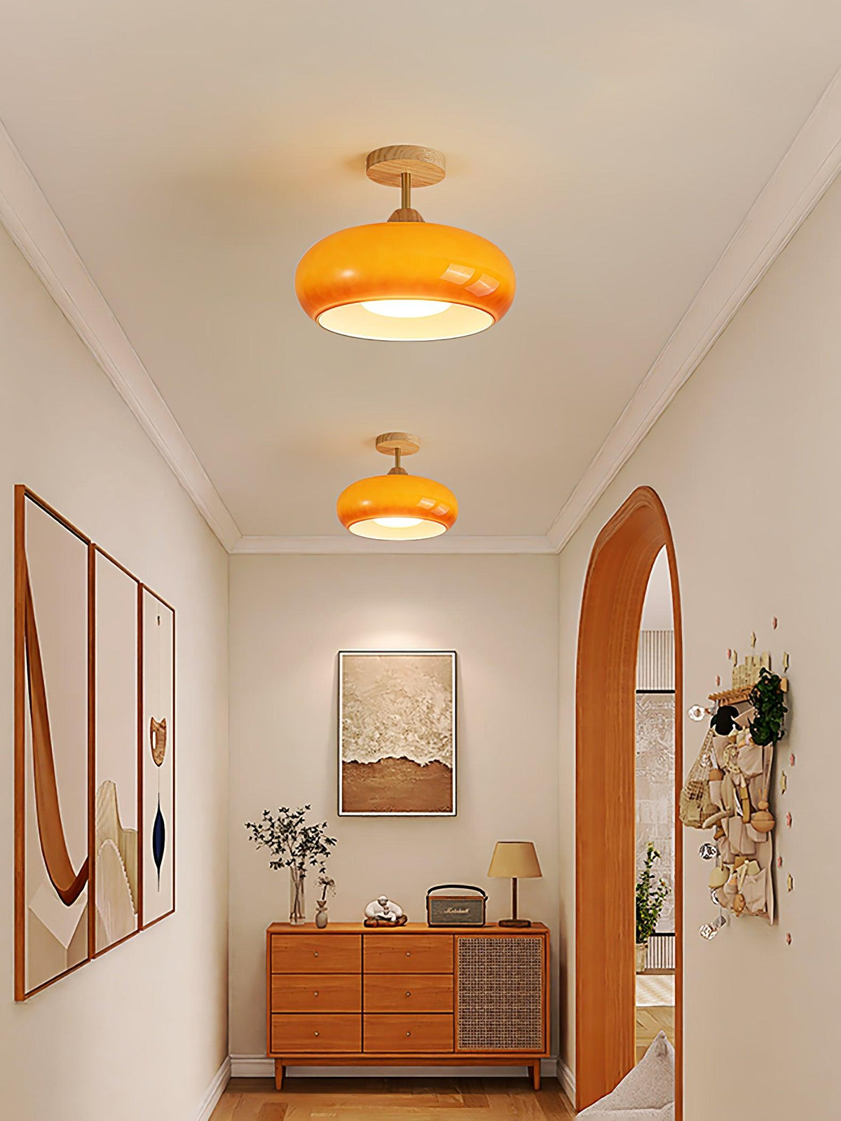 Glass Disc Overhead Fixture Wood Accent 11-Inch Warm Ambient Lighting for Dining Areas Entryways Bedrooms Mid-Century Modern Scandinavian St