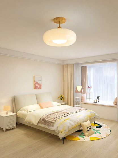 Flush Mount Ceiling Light Fixture Wood & Glass 11 Inch Round for Bedroom Bathroom Dining Room E26 Base Hardwired Indoor Ambient Lighting