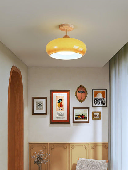 Glass Disc Overhead Fixture Wood Accent 11-Inch Warm Ambient Lighting for Dining Areas Entryways Bedrooms Mid-Century Modern Scandinavian St