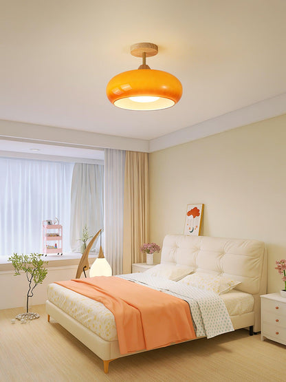 Glass Disc Overhead Fixture Wood Accent 11-Inch Warm Ambient Lighting for Dining Areas Entryways Bedrooms Mid-Century Modern Scandinavian St
