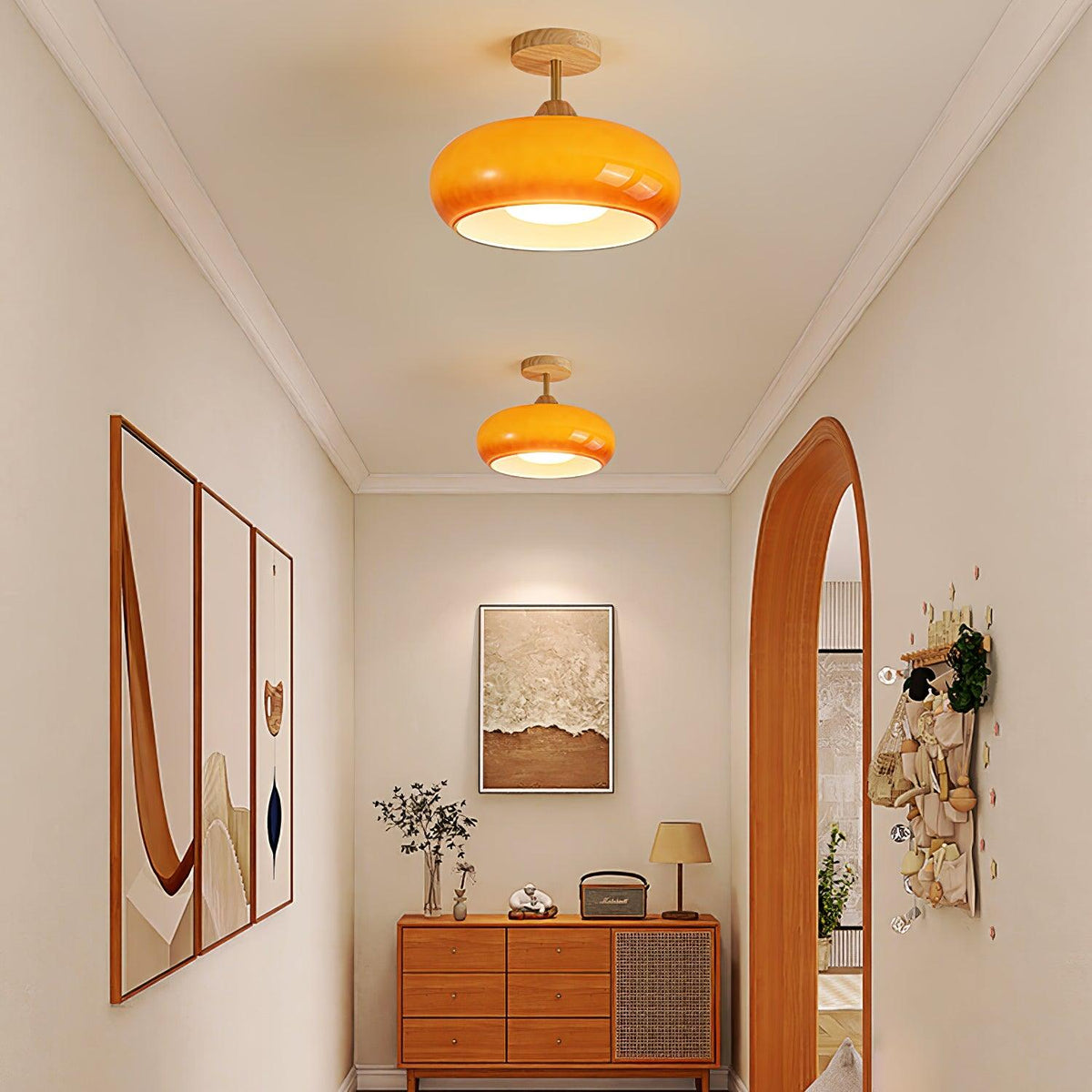 Glass Disc Overhead Fixture Wood Accent 11-Inch Warm Ambient Lighting for Dining Areas Entryways Bedrooms Mid-Century Modern Scandinavian St
