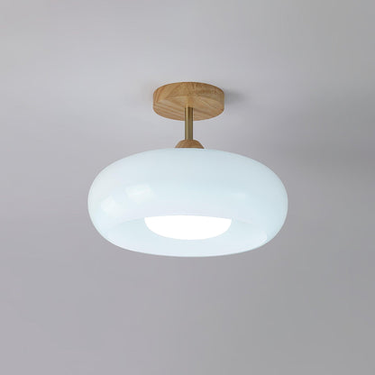 Glass Disc Overhead Fixture Wood Accent 11-Inch Warm Ambient Lighting for Dining Areas Entryways Bedrooms Mid-Century Modern Scandinavian St