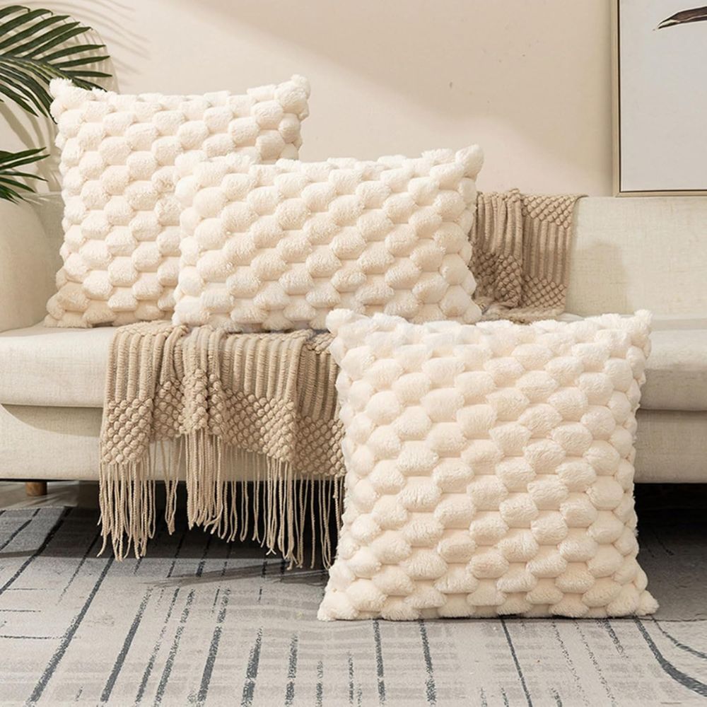 Textured Pillow Cover with 3D Quilted Grid Pattern – Soft Cotton Poly Blend Throw Cushion Case for Couch, Bed & Living Room Decor