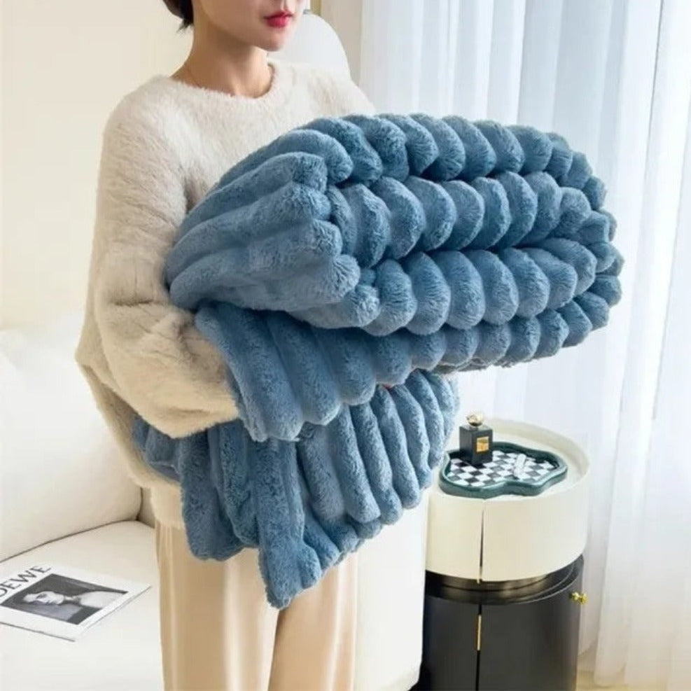 Ribbed Fleece Throw Blanket Soft Cozy 59x79 or 79x91 inch Year-Round Warmth for Couch Bed Living Room Bedroom Rose Gray Blue Ivory