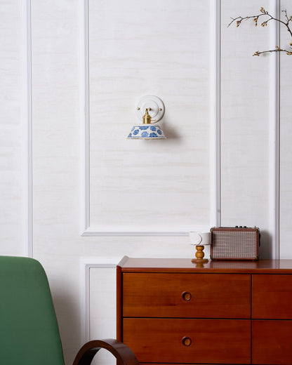 Ceramic Sconce with Brass Hardware in Blue & White – Hardwired E26 Socket for Bathroom, Bedroom & Hallway Accent Lighting