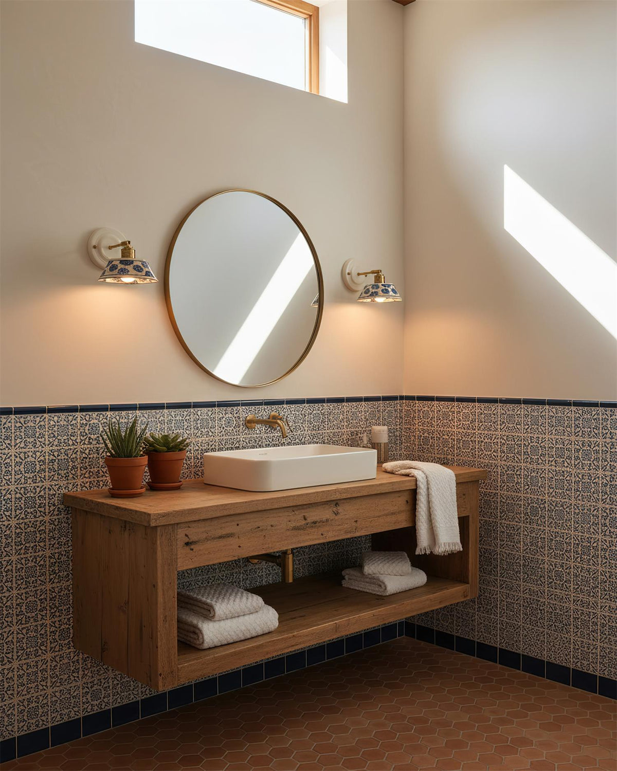 Ceramic Sconce with Brass Hardware in Blue & White – Hardwired E26 Socket for Bathroom, Bedroom & Hallway Accent Lighting