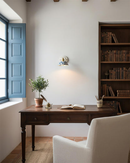 Ceramic Sconce with Brass Hardware in Blue & White – Hardwired E26 Socket for Bathroom, Bedroom & Hallway Accent Lighting