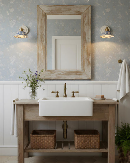 Ceramic Sconce with Brass Hardware in Blue & White – Hardwired E26 Socket for Bathroom, Bedroom & Hallway Accent Lighting