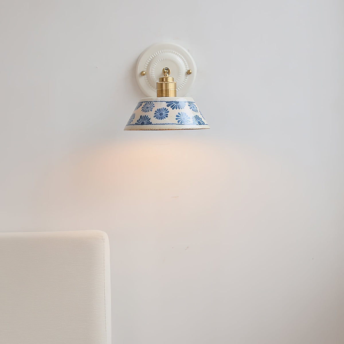 Ceramic Sconce with Brass Hardware in Blue & White – Hardwired E26 Socket for Bathroom, Bedroom & Hallway Accent Lighting