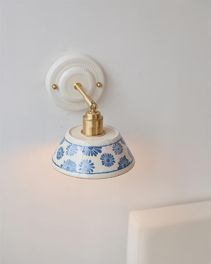 Ceramic Sconce with Brass Hardware in Blue & White – Hardwired E26 Socket for Bathroom, Bedroom & Hallway Accent Lighting