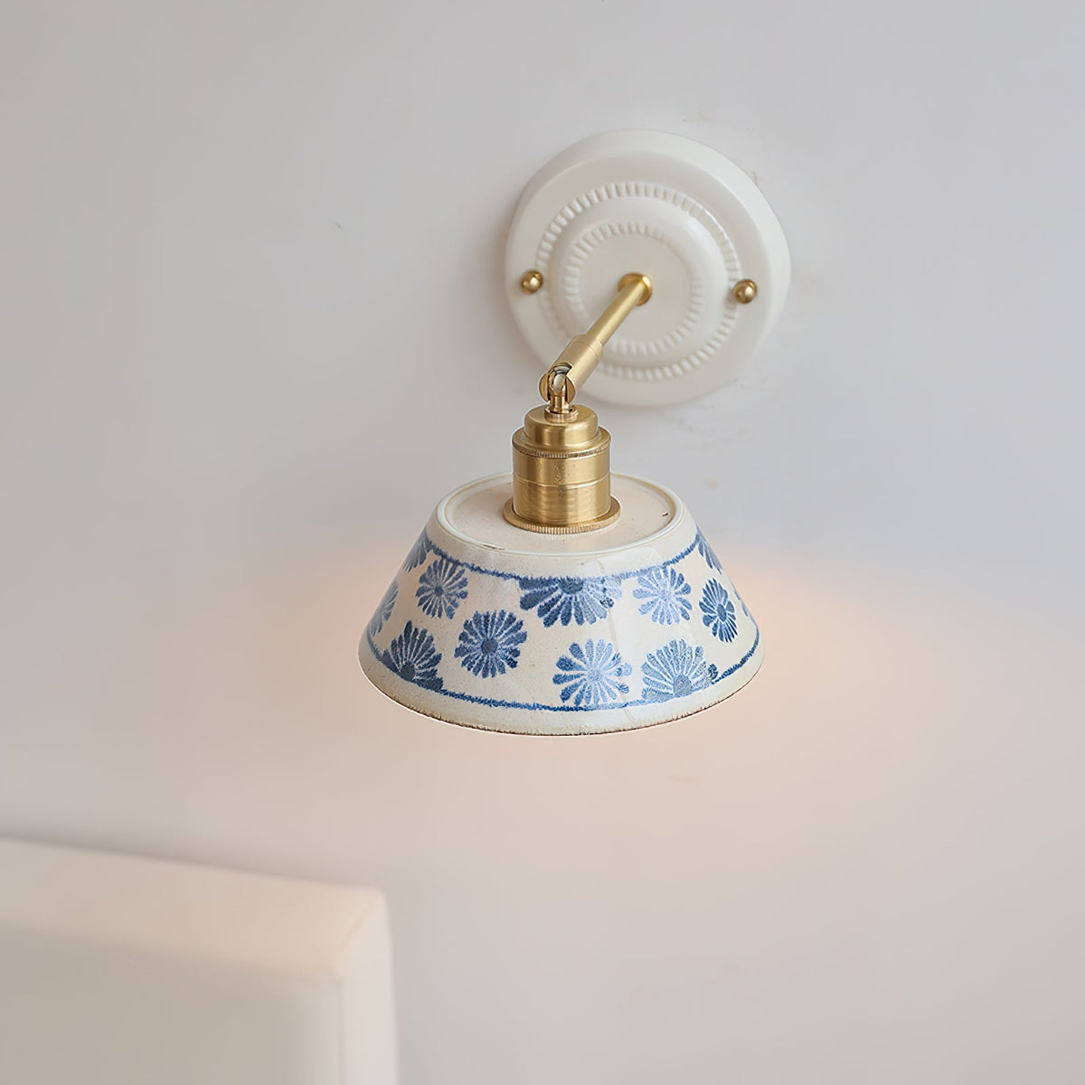 Ceramic Sconce with Brass Hardware in Blue & White – Hardwired E26 Socket for Bathroom, Bedroom & Hallway Accent Lighting