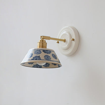 Ceramic Sconce with Brass Hardware in Blue & White – Hardwired E26 Socket for Bathroom, Bedroom & Hallway Accent Lighting