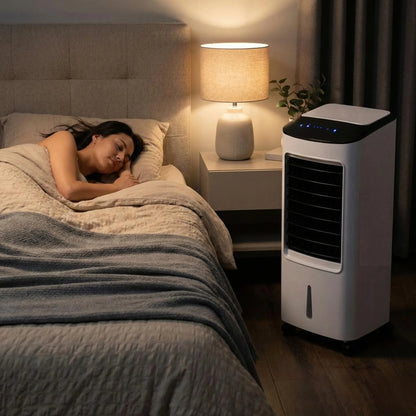 Enfriador evaporativo de piso con control remoto: unidad de enfriamiento portátil para dormitorio, oficina y sala de estar; diseño sin ventana, con ruedas