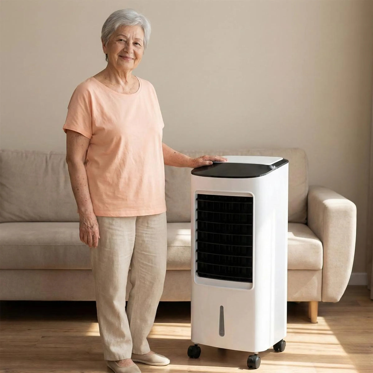 Enfriador evaporativo de piso con control remoto: unidad de enfriamiento portátil para dormitorio, oficina y sala de estar; diseño sin ventana, con ruedas