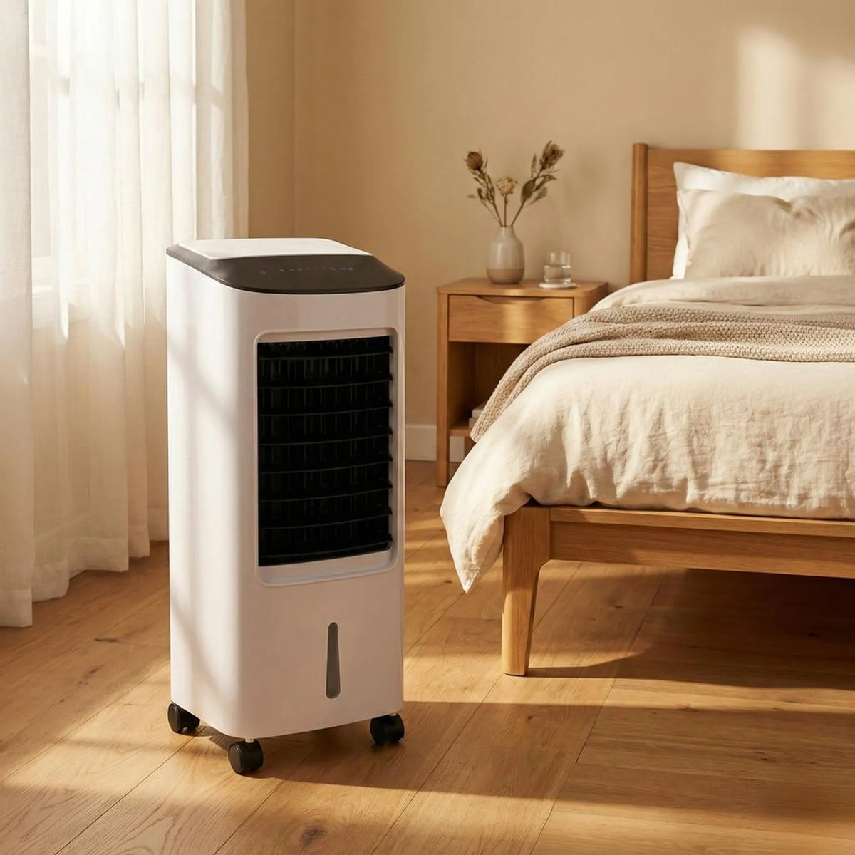 Enfriador evaporativo de piso con control remoto: unidad de enfriamiento portátil para dormitorio, oficina y sala de estar; diseño sin ventana, con ruedas