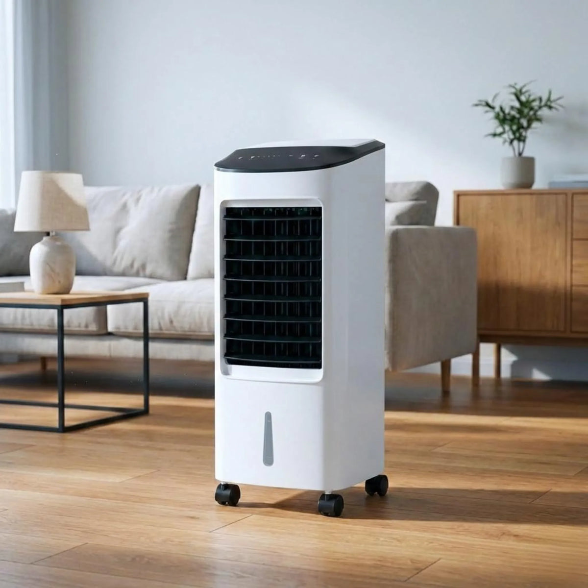 Enfriador evaporativo de piso con control remoto: unidad de enfriamiento portátil para dormitorio, oficina y sala de estar; diseño sin ventana, con ruedas