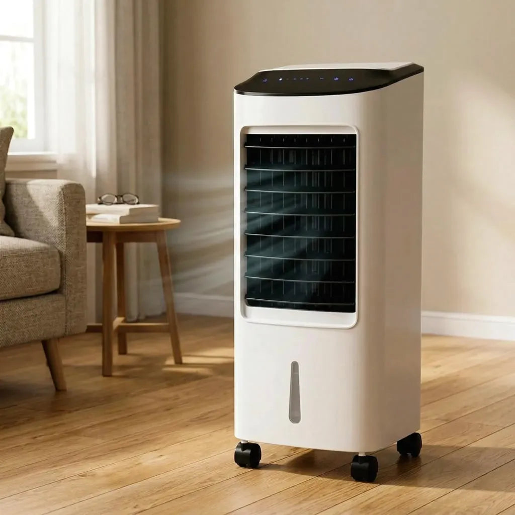 Enfriador evaporativo de piso con control remoto: unidad de enfriamiento portátil para dormitorio, oficina y sala de estar; diseño sin ventana, con ruedas