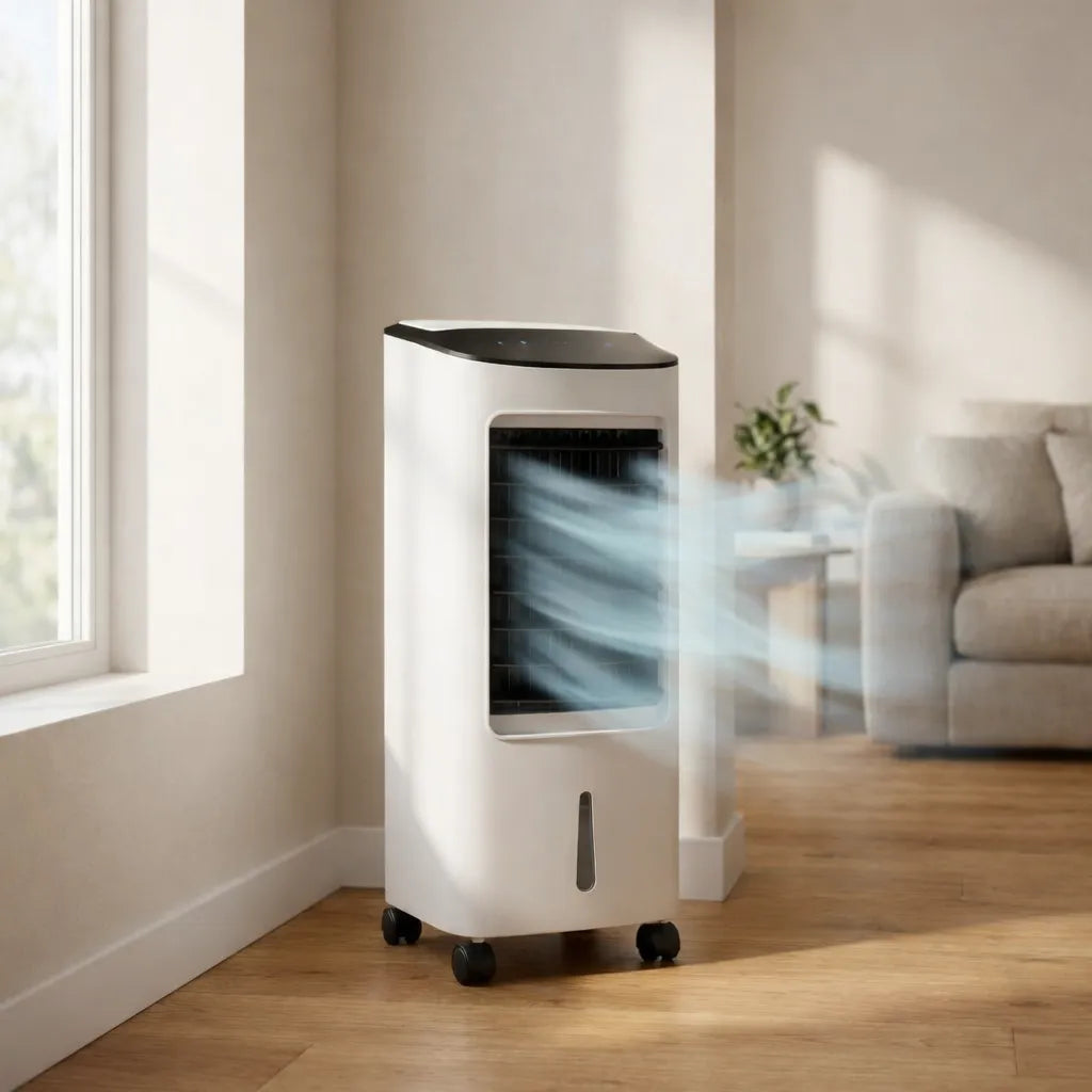 Enfriador evaporativo de piso con control remoto: unidad de enfriamiento portátil para dormitorio, oficina y sala de estar; diseño sin ventana, con ruedas