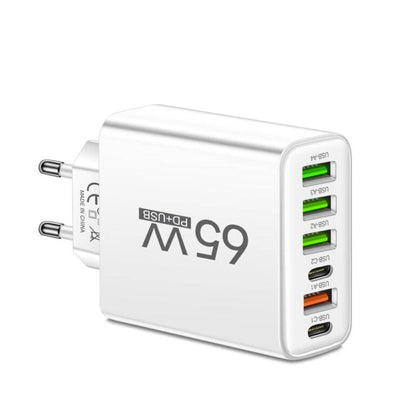 Multi-Device USB Charging Station 65W 6-Port Wall Charger Hub for Smartphones Tablets Laptops Travel Home Office Desktop Black White Yellow
