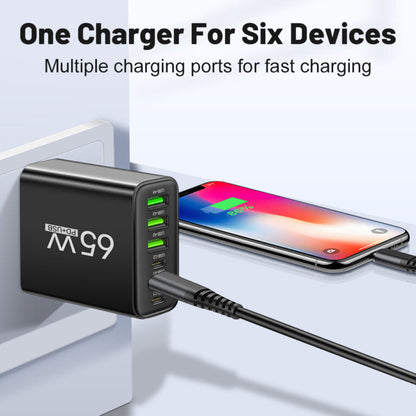 Multi-Device USB Charging Station 65W 6-Port Wall Charger Hub for Smartphones Tablets Laptops Travel Home Office Desktop Black White Yellow