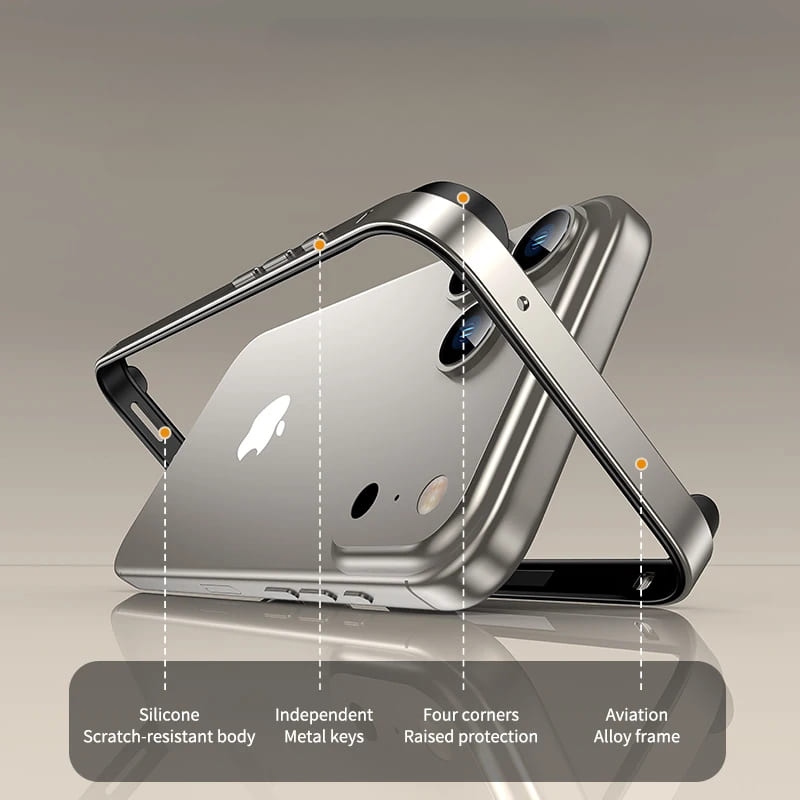 Aluminum iPhone Bumper Case – Raised Corner Guard, Wireless Charging Compatible, Precision Button Cutouts for 17/16/15 Series