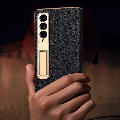 Genuine Leather Foldable Phone Case for Galaxy Z Fold 3/4/5/6/7/8 – Kickstand or Finger Loop Options – Full Protection Design