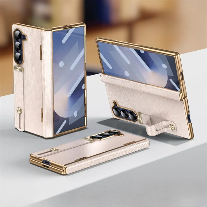 Genuine Leather Foldable Phone Case for Galaxy Z Fold 3/4/5/6/7/8 – Kickstand or Finger Loop Options – Full Protection Design