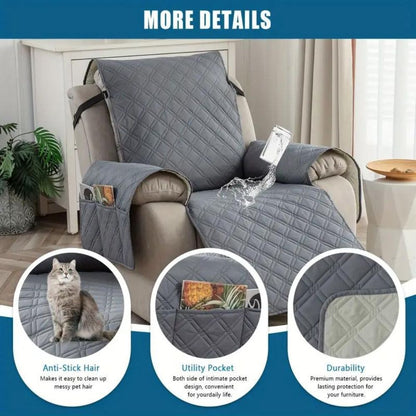 Recliner Chair Cover Waterproof Quilted Throw Protector with Side Pocket Non-Slip Furniture Slipcover for Living Room Sofa Shield