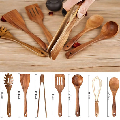 7-Piece Teak Wood Kitchen Utensil Set for Cooking & Serving, Heat-Resistant Natural Wooden Tools for Nonstick Pans, Includes Ladle Spatula