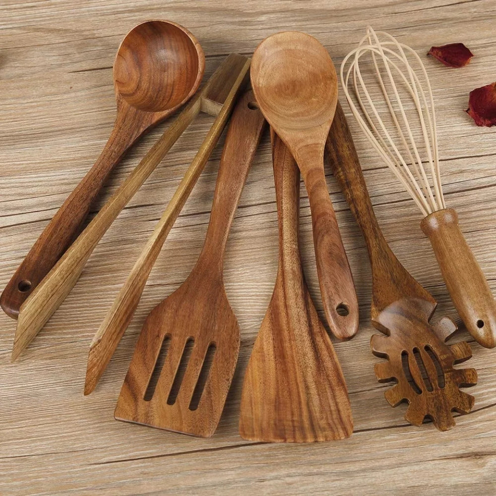 7-Piece Teak Wood Kitchen Utensil Set for Cooking & Serving, Heat-Resistant Natural Wooden Tools for Nonstick Pans, Includes Ladle Spatula