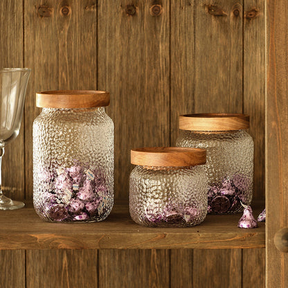 Tarro de almacenamiento Pura Acacia con vidrio martillado y tapa de madera de acacia – Disponible en 3 tamaños