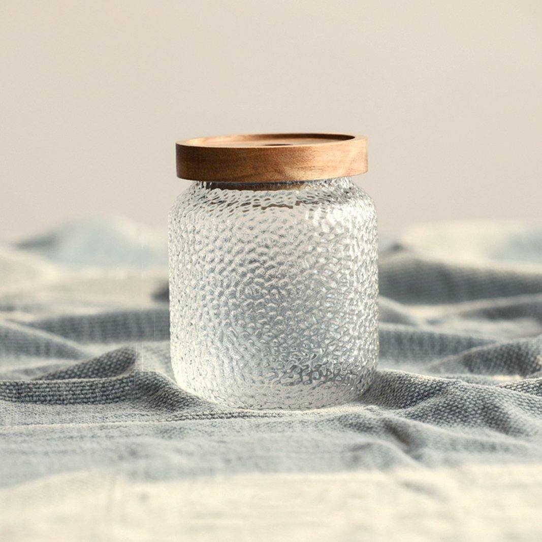 Tarro de almacenamiento Pura Acacia con vidrio martillado y tapa de madera de acacia – Disponible en 3 tamaños