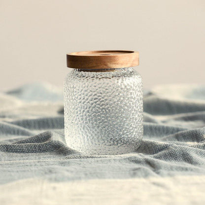 Tarro de almacenamiento Pura Acacia con vidrio martillado y tapa de madera de acacia – Disponible en 3 tamaños